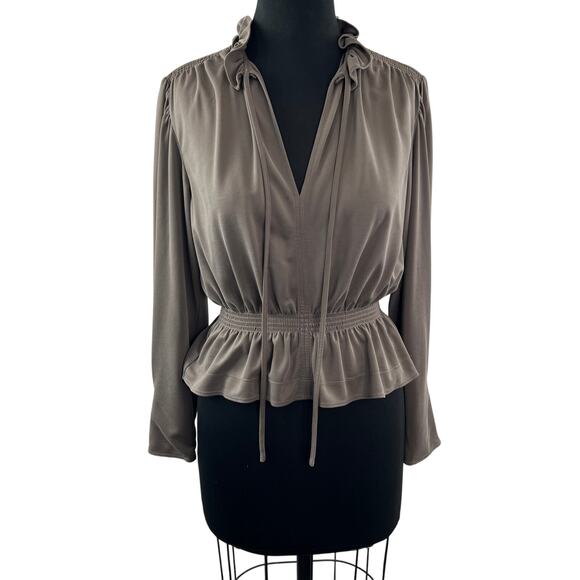 Rebecca Taylor Taupe Blouse Slit Neck Smocked Waist Balloon Sleeve Size X-Small - Picture 1 of 11